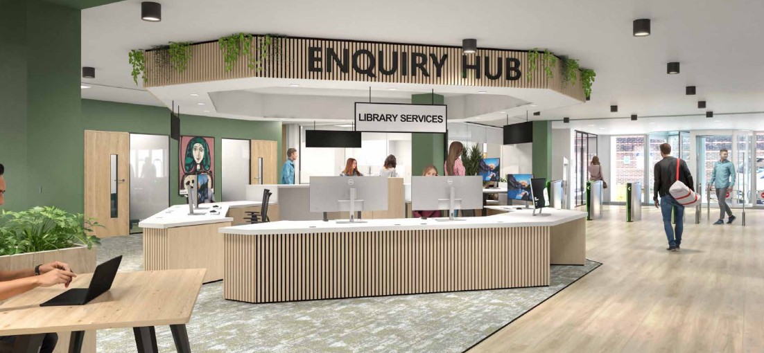 A digital mock-up of the enquiry hub with wood flooring, panelled enquiry desk and green walls